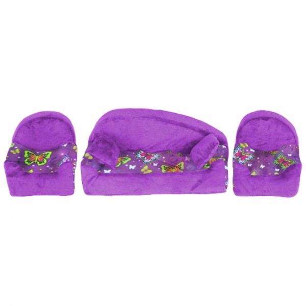 Мебель мягкая Диван+2 кресла+2подушки  Бабочки на фиолетовом с фиолетовым плюшем НМ-002/2-34