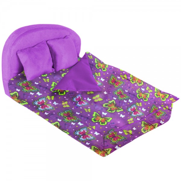 Мебель мягкая Кровать,2 подушки,одеяло Бабочки на фиолетовом с фиолетовым плюшем НМ-003-34