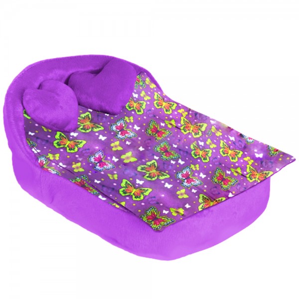 Мебель мягкая Кровать,2 подушки,одеяло. Бабочки на фиолетовом с фиолетовым плюшем НМ-003/4-34